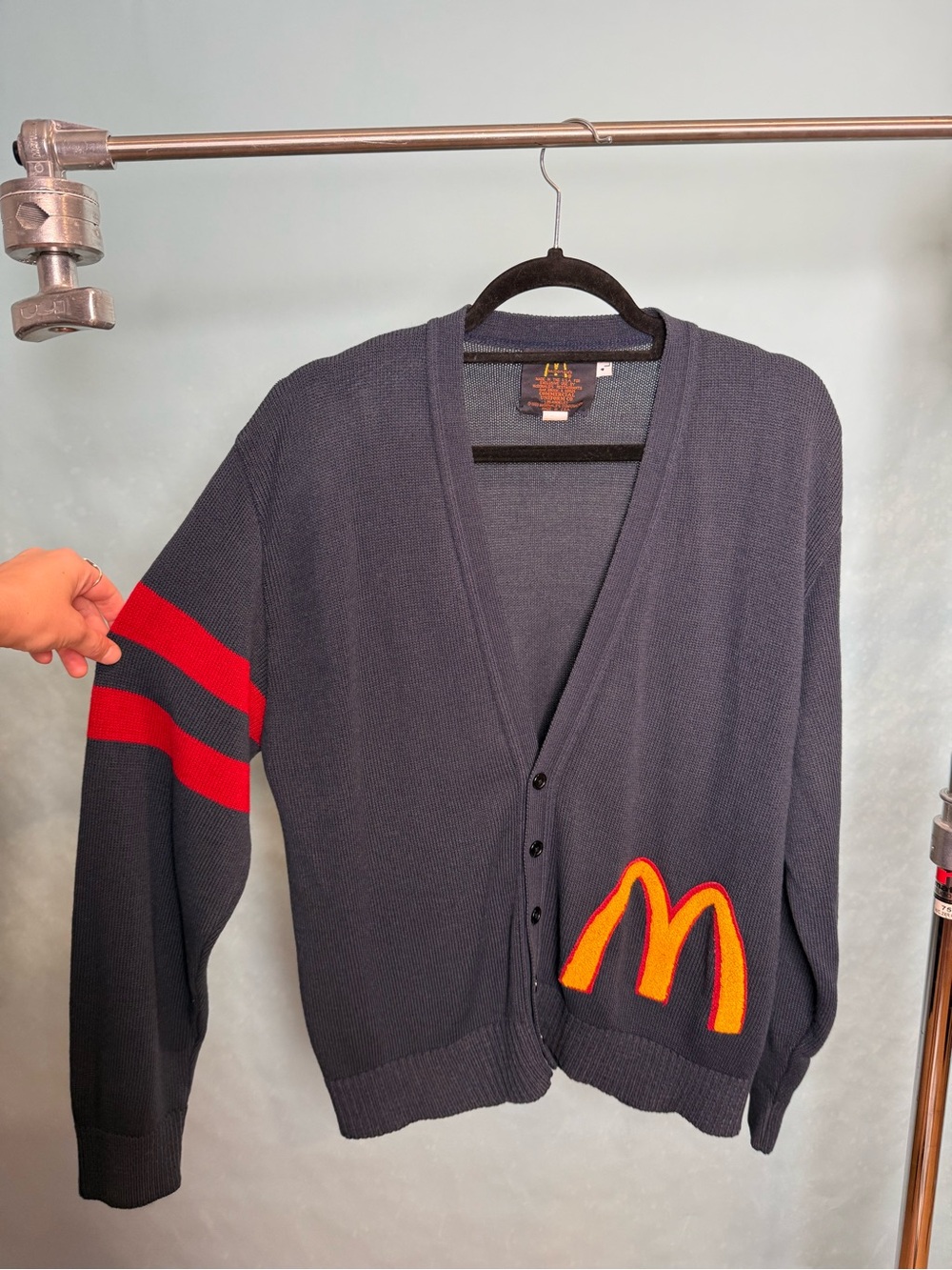McDonald's Navy Cardigan Sweater with Red Sleeve Stripes and Yellow Logo